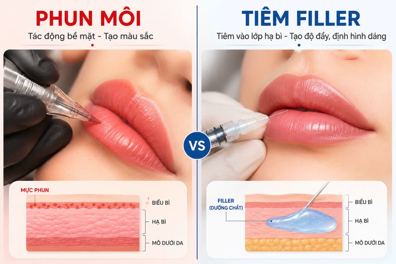 Bản chất khác nhau giữa phun môi và tiêm filler 