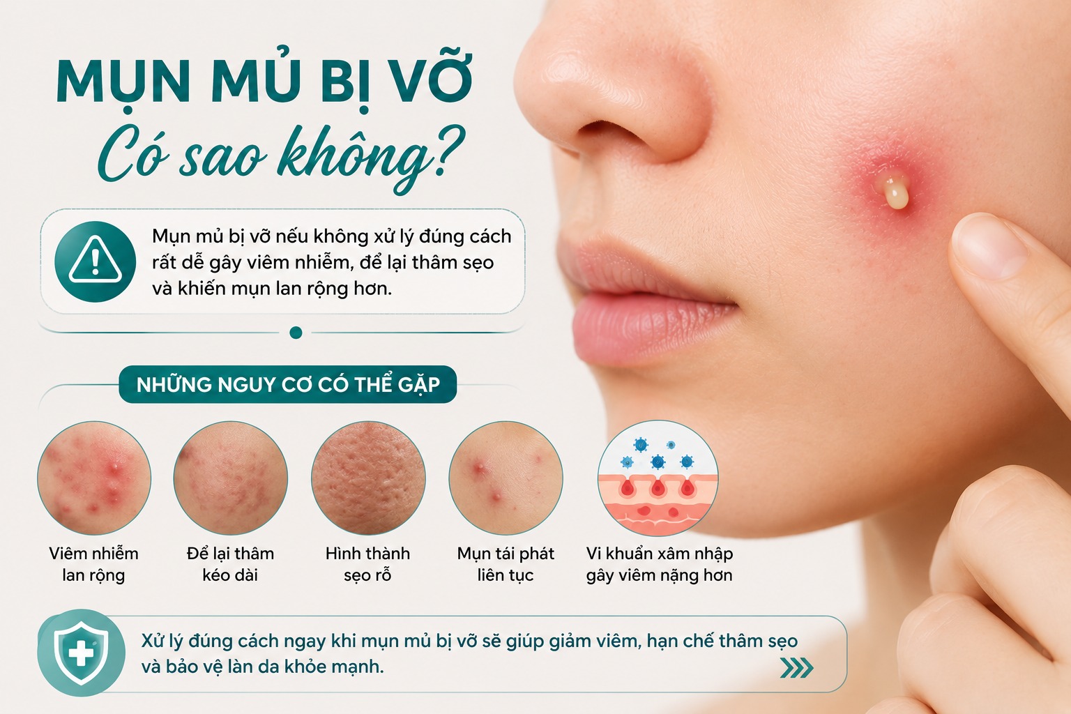 Mụn mủ bị vỡ gặp nguy cơ gì?